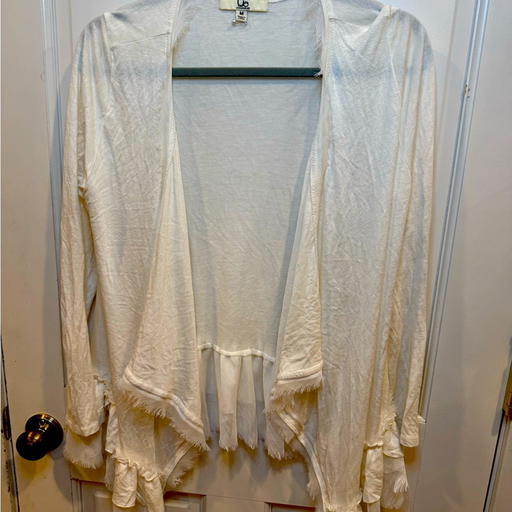 Off white over sweater/shrug long with pretty layer ruffle details